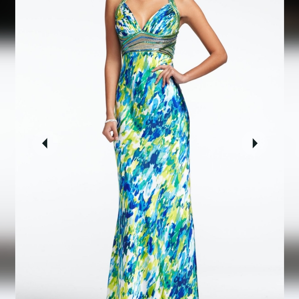 LONG CHARMEUSE HALTER PRINT PROM DRESS